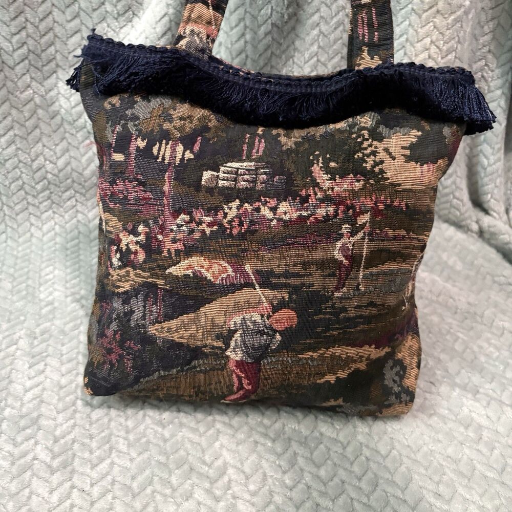 Vintage Woven Landscape Tapestry Tote Bag Navy Fringe Trim Cottagecore Golf Lux